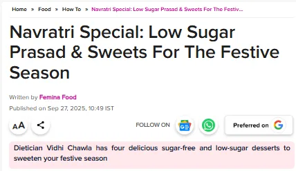 Femina feature on low sugar sweets for Navratri