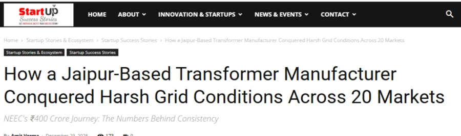 Startup Success Stories feature on a Jaipur transformer manufacturer